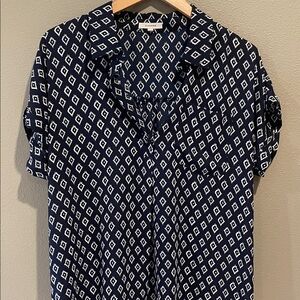 Pleione Navy & White Geometric Patterned Blouse